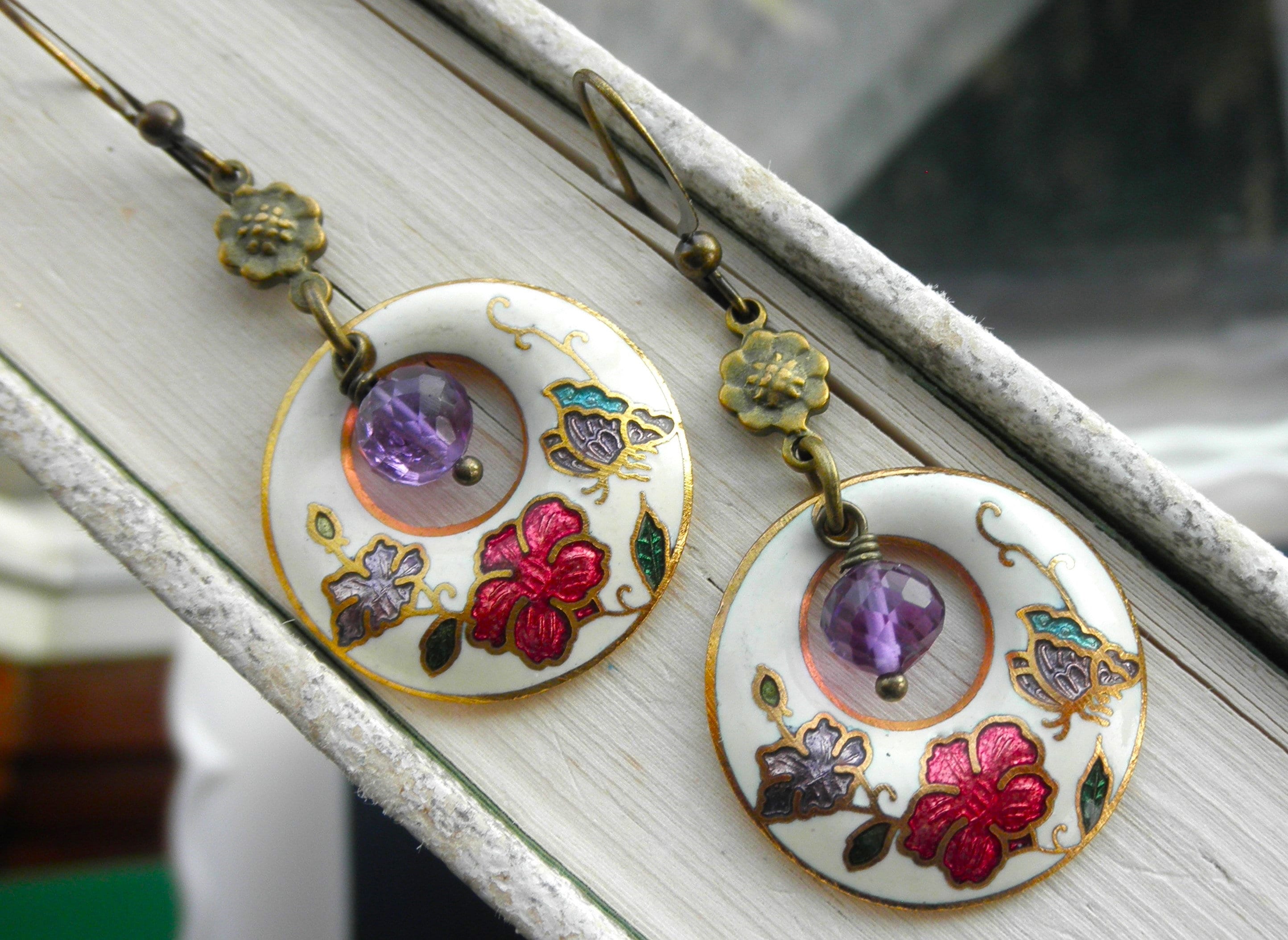 Vintage Cloisonne Dangle Earrings - Enamel Flowers, Amethyst Crystal, image size:2888x2109