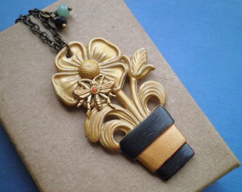 Flower Pot Pendant - Vintage Celluloid 1940s WWII Era Potted Plant + Tiny Bee Necklace - Nature Insect Floral KitschyJewelry Gift For Her