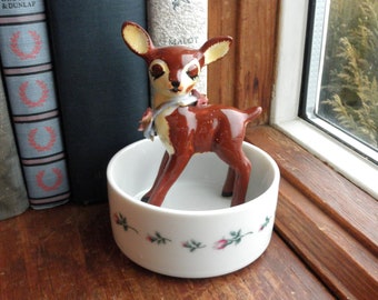 Vintage Deer Ring Dish - Ceramic Doe / Deer Figurine + White Floral Bowl - Retro Jewelry Storage - Woodland Cottagecore Home Decor Eco Gift