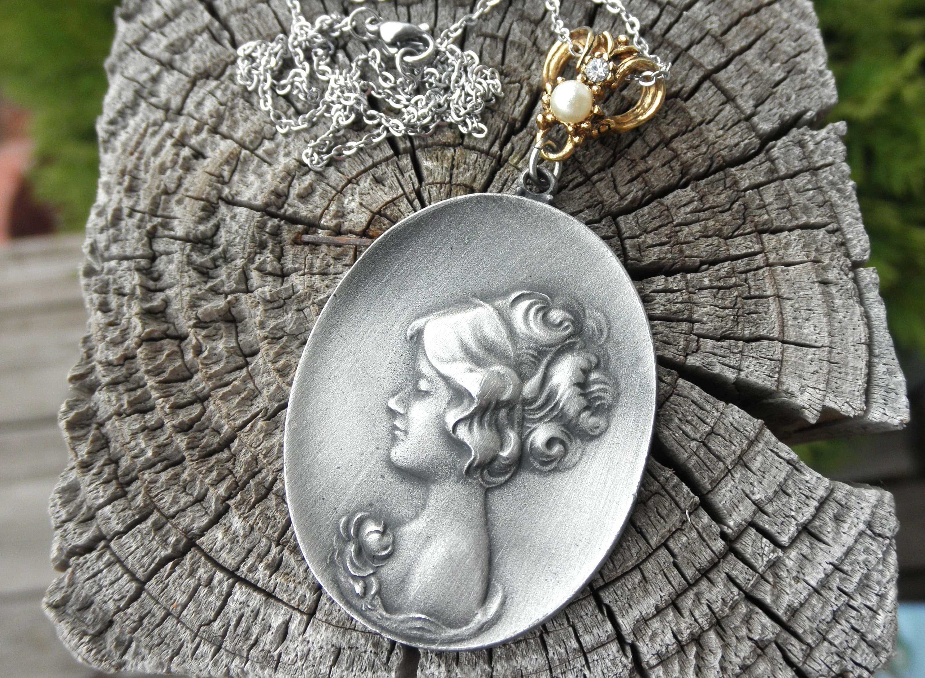 Pewter Cameo Necklace Vintage Cameo Pendant Mixed Metal Statement Necklace Retro Lady Silhouette Cameo Jewelry Gift for Her Etsy