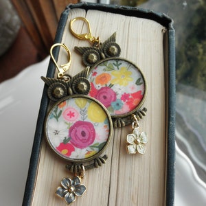 Floral Owl Statement Earrings. Owls Paper Ephemera & Vintage Enamel Flower Charm Dangles. Owl Lover's Dangle Earrings Jewelry Gift For Her image 2