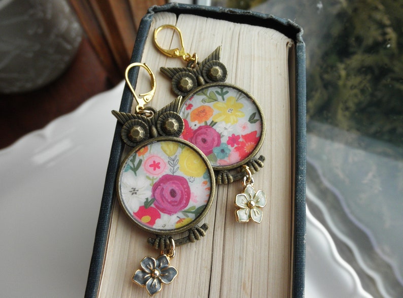 Floral Owl Statement Earrings. Owls Paper Ephemera & Vintage Enamel Flower Charm Dangles. Owl Lover's Dangle Earrings Jewelry Gift For Her image 2