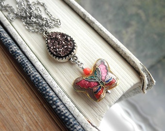 Vintage Cloisonne Butterfly & Druzy Stone Charm Necklace - Boho Summer Garden Enamel Butterfly - Insect / Nature Jewelry Eco Gift