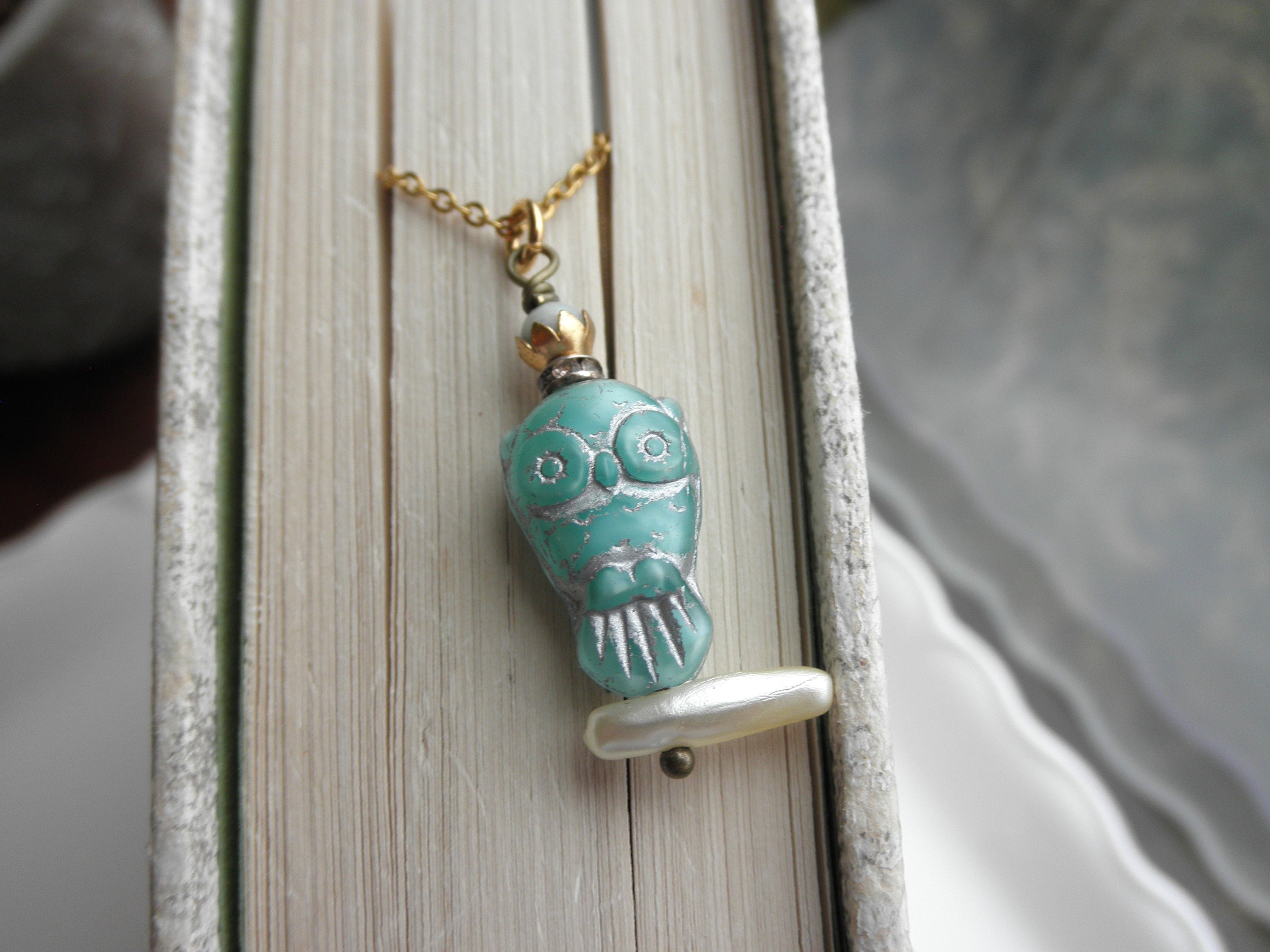 Blue Czech Glass Owl Necklace - Pearl Branch Charm, Boho Jewelry