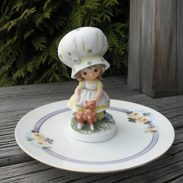 Vintage Ceramic Holly Hobbie Ring Dish - Yellow Flowers & Big Bonnet Girl Upcycled Ring Plate / Jewelry Storage / Trinket Holder Eco Gift