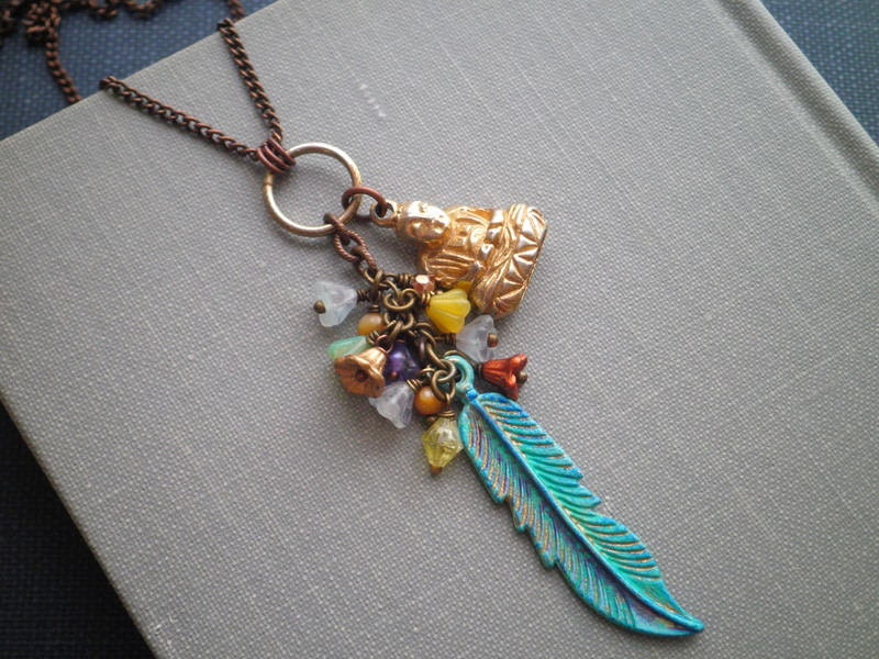 Vintage Buddha & Feather Charm Necklace Wire Wrapped Czech 