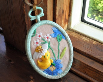 Vintage Chick Ornament - Floral Embroidery & Yellow Baby Duck Ornament - Retro Spring / Easter Egg Mini Wall Art Cute Baby Nursery Eco Gift