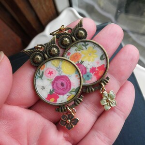 Floral Owl Statement Earrings. Owls Paper Ephemera & Vintage Enamel Flower Charm Dangles. Owl Lover's Dangle Earrings Jewelry Gift For Her image 6