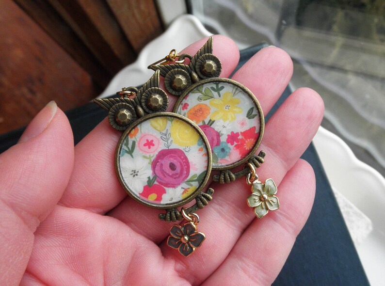 Floral Owl Statement Earrings. Owls Paper Ephemera & Vintage Enamel Flower Charm Dangles. Owl Lover's Dangle Earrings Jewelry Gift For Her image 6