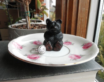Vintage Bear Ring Dish / Jewelry Plate - Black & Brown Forest Bear + Vintage Pink Rose China Jewelry Dish - Upcycled Bear Lover's Eco Gift
