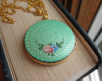 Vintage Evans Enamel Locket Necklace - Mint Green Guilloche Enamel & Flowers on 24" Chain - Antique Floral Locket Pendant Eco Jewelry Gift