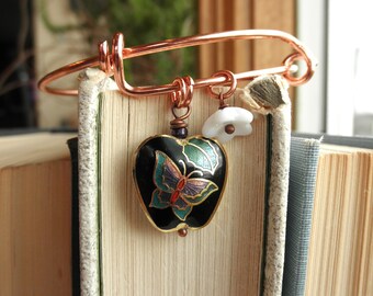 Vintage Butterfly Bracelet - Vintage Cloisonne Black Apple Copper Slide Bracelet - Retro Enamel Charm & White Glass Flower Boho Jewelry Gift