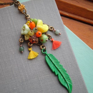 Feather & Flowers Beaded Necklace - Wire Wrapped Czech Glass Flower Bead Necklace - Kelly Green Feather Boho Floral Wanderlust Jewelry Gift