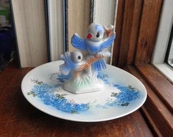 Vintage Birds Ring Dish Jewelry Plate - Blue Bird Figurine & Forget Me Not Flowers China Dish / Floral Jewelry Storage, Bird Lovers Eco Gift