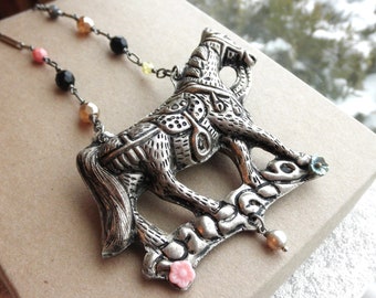 Horse Necklace - Vintage Silver Riding Horse Pendant Statement Necklace - Czech Glass Beaded Chain Bib Necklace - Horse Lovers Jewelry Gift