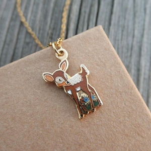 Vintage Deer Charm Necklace - Brown Enamel Baby Deer & Tiny Blue Flowers Everyday Woodland Charm Necklace - Retro Animal Jewelry Eco Gift