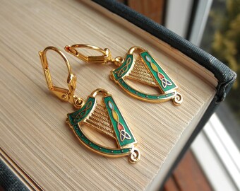 Vintage Cloisonne Harp Earrings - 1980s Miniature Enamel Harps Dangle Earrings - Retro Cloisonne Everyday Jewelry - Music Lovers Eco Gift