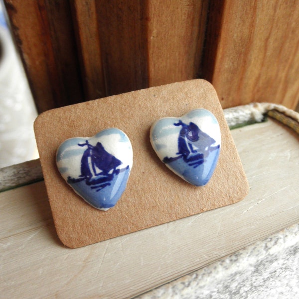 Heart Stud Earrings - Vintage Delft Blue Sailboat Cabochon Studs - Mid Century Porcelain Hearts Post Earrings - Blue Boats Jewelry Eco Gift