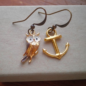 Vintage Owl & Brass Anchor Charm Mismatched Dangle Earrings Retro Woodland Owl Nautical Anchor Dangles Owl Lovers Jewelry Gift for Her image 8