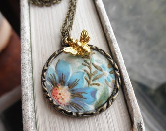 Vintage Flowers & Bee Charm Necklace - Floral Paper Ephemera Collage Art Pendant - Blue Flower Garden + Tiny Brass Bee Charm Jewelry Gift