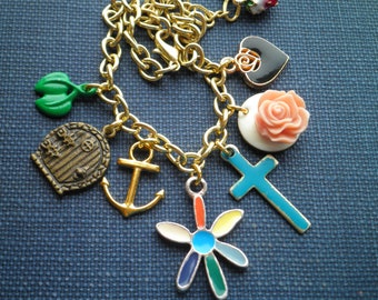 Flower Anchor Cross Heart Fairy Door Ballerina Strawberry Charm Bracelet - Vintage & New Charm Bracelet - Assemblage Jewelry Gift For Her