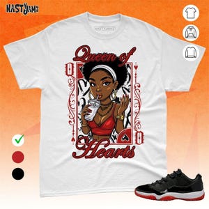 Camiseta unisex AJ 11 Low Bred Queen Of Hearts negra y roja, zapatilla deportiva a juego, camisa de lona Bella
