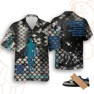 May include: A short-sleeved button-down shirt with a snake-skin pattern in black and white, with a turquoise silhouette of a person. The back of the shirt has a graphic with text. A pair of black and grey sneakers with a snake-skin pattern are also shown.