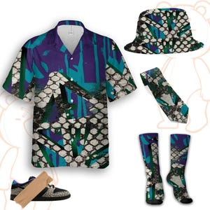 May include: A matching set of clothing and accessories featuring a unique pattern. The set includes a short-sleeved button-down shirt, a bucket hat, a necktie, and a pair of socks. The pattern combines a snake-skin-like design with teal and purple brushstrokes. A pair of sneakers is also included.