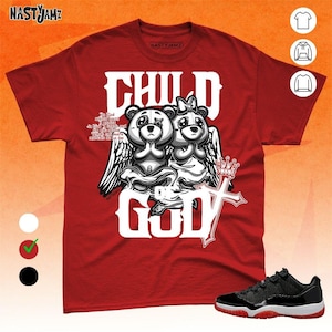 Camiseta unisex AJ 11 Low Bred Child Of God BER negra y roja, zapatilla deportiva a juego, camisa de lona Bella