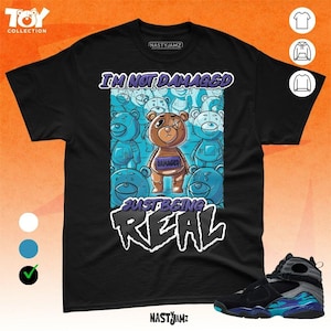 AJ 8 Aqua BER Maglietta unisex blu nero danneggiata ma vera, abbinata a una sneaker - Collezione di giocattoli - Maglietta in tela Bella