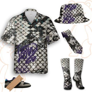 May include: A matching set of clothing and accessories with a graffiti design. The set includes a short-sleeved button-down shirt, a bucket hat, a necktie, and a pair of socks. The shirt and accessories feature a white, black, and purple color scheme.