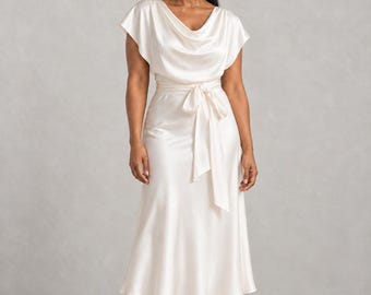 Cowl Back Satin Midi Wedding Dress in Ivory, Cap Sleeve Blouson Bodice with Bow Tied Waist, Reception Dress, Made to Measure