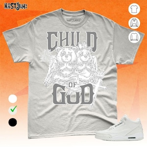 Camisa de lona Bella AJ 3 Pure Money Child Of God BER color gris plata y blanco a juego.