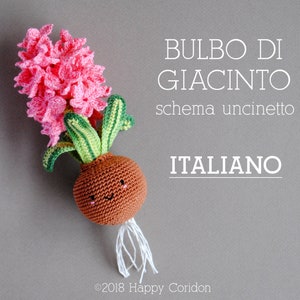 May include: A crocheted hyacinth bulb with a smiling face and white roots. The hyacinth is pink and green and the bulb is brown. The text "BULBO DI GIACINTO schema uncinetto ITALIANO" is written in white on a gray background.