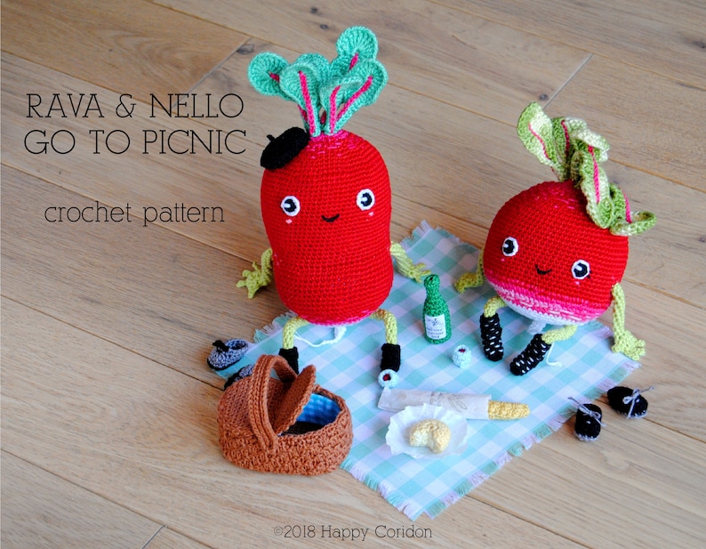 CROCHET PATTERN Rava & Nello go to picnic radish amigurumi image 1