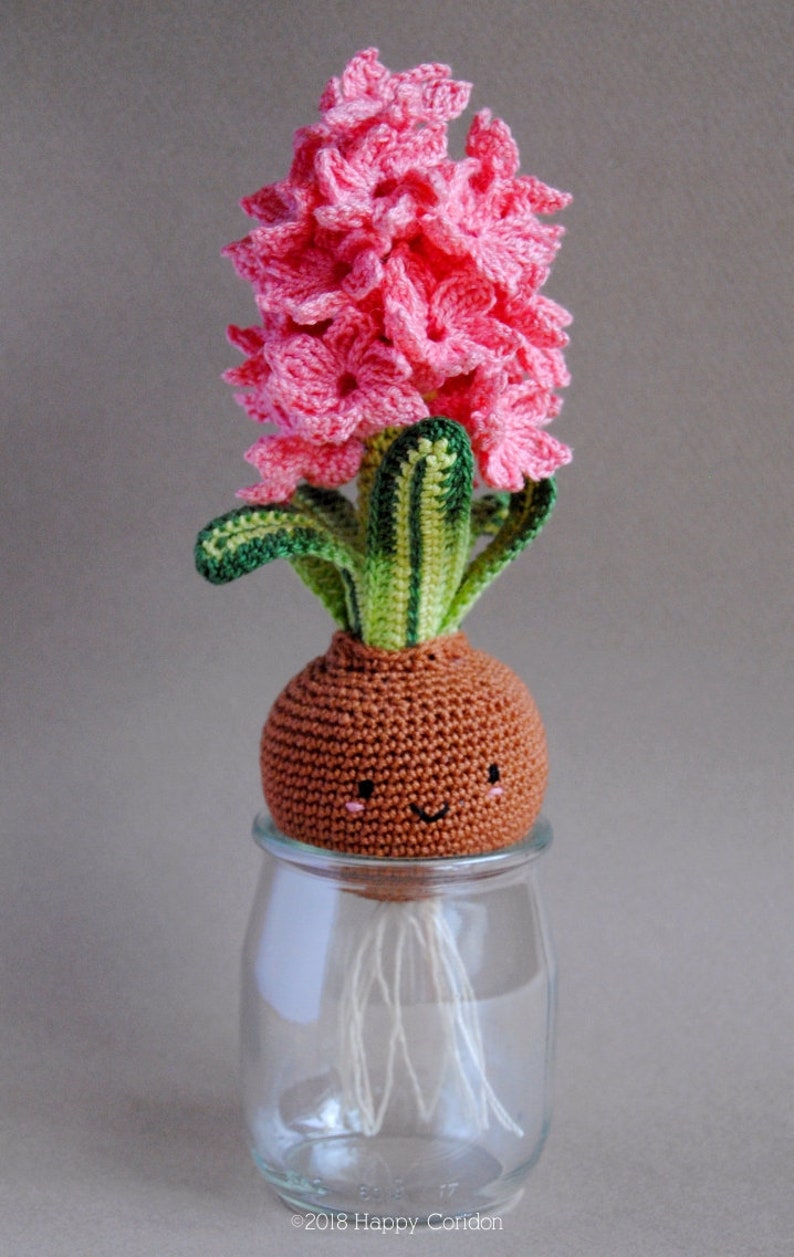 Pu&ograve; includere: Un fiore di giacinto rosa all'uncinetto con foglie verdi e un bulbo marrone con un viso sorridente in un vaso di vetro trasparente. Il bulbo ha radici di filo bianco.