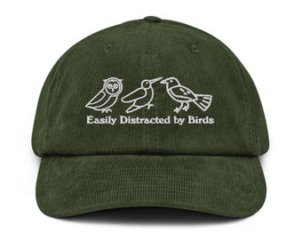 Cappello in velluto a coste ricamato con uccelli, facilmente distratto, cappello per amanti degli uccelli, berretto per osservatori di uccelli, regalo di ornitologia