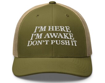 I'm Here I'm Awake Don't Push It Shirt embroidery Trucker Cap hat Funny Gamer gift Sayings Birthday Gift Funny Quotes Gifts for Friend cap