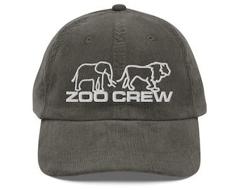 Cappello Zoo Crew con ricamo, berretto in velluto a coste vintage, cappello da guardiano degli animali, berretto da amante della fauna selvatica, regalo per una gita allo zoo, cappello da amante degli animali selvatici, regalo per una vacanza allo zoo in famiglia.