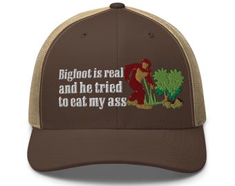 Bigfoot hat camping sasquatch Embrace the Mystery Nature Big Foot is real Embroidery Unisex Trucker Cap Hat Style Dad's Cap gift for him her