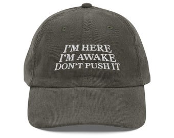 I'm Here I'm Awake Don't Push It Shirt embroidery Vintage corduroy cap Funny Gamer gift Sayings Birthday Gift Funny Quotes Gifts for Friend