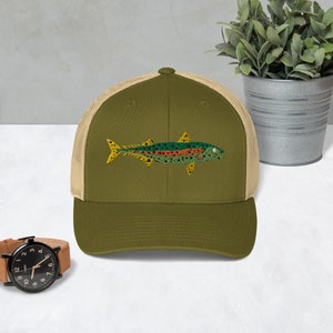 Forel hoed vissen hoed borduurwerk Trucker Cap vissen rond vinden forel pet vissen cadeau voor vader visser vliegvissen cadeau Fisher hoed vis top