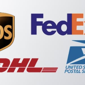 May include: Logos of four shipping companies: UPS, FedEx, DHL, and United States Postal Service. The UPS logo is a shield with the letters "ups". The FedEx logo is purple and orange. The DHL logo is red. The USPS logo is blue.