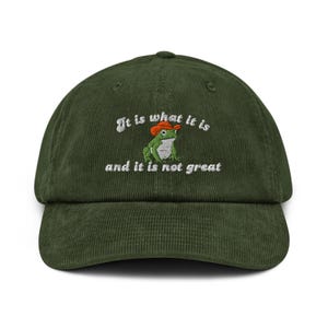 May include: A dark green corduroy baseball cap with the embroidered phrase "It is what it is and it is not great." The cap features an embroidered frog wearing a red hat. The hat has a curved brim and an adjustable strap.