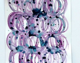 Könnte beinhalten: Abstrakte Aquarellmalerei mit überlappenden Kreisen in Schattierungen von Lila, Blau und Schwarz.