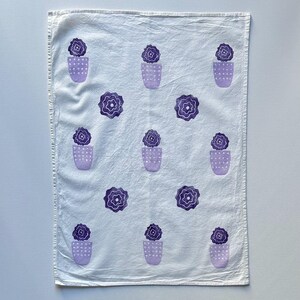 Handprinted Flour Sack Towel – Purple Flower Pot Minimalist Block Print, 18x24, 100% Cotton Kitchen Decor