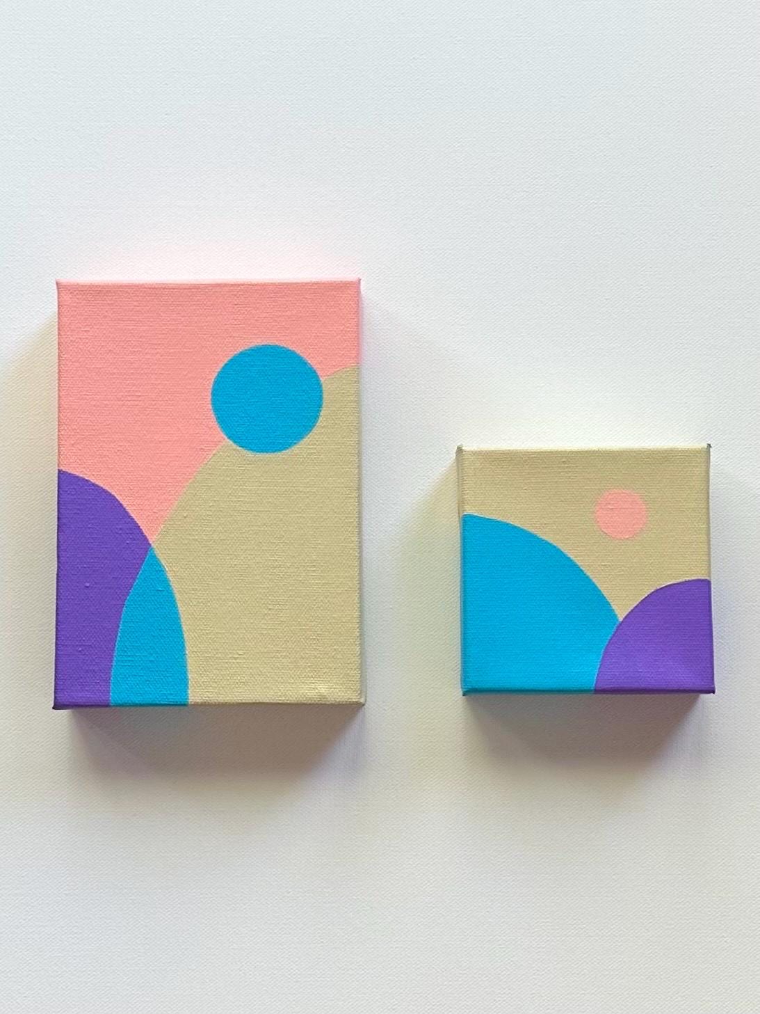 カラフルな幾何学模様のアクリル画：1980年代のパステルアート（5x7