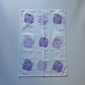 Handprinted Flour Sack Towel – Purple & Lavender Leaf Block Print, 18x24, Artisan Cotton Kitchen Decor