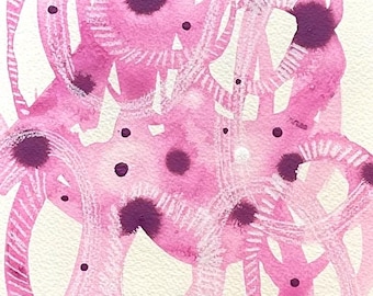 Könnte beinhalten: Abstrakte Aquarellmalerei mit rosa und violetten Kreisen und Punkten auf cremefarbenem Hintergrund.