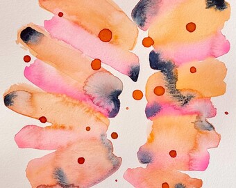 Könnte beinhalten: Abstrakte Aquarellmalerei mit Pinselstrichen in Rosa, Orange und Pfirsich, mit Akzenten in Dunkelblau und kleinen orangefarbenen Punkten. Das Kunstwerk befindet sich auf weißem Hintergrund.
